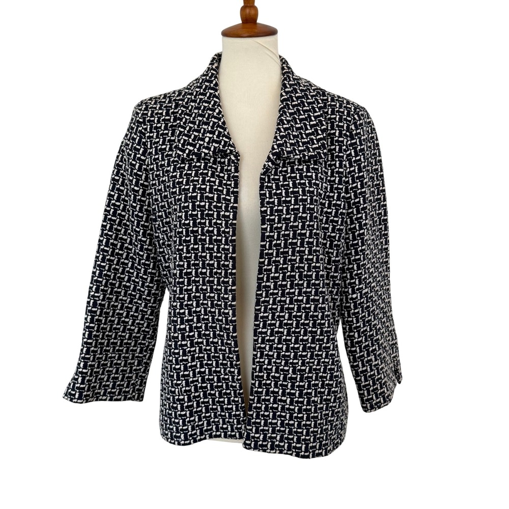 Austin Reed Womens Navy White Tweed Silk Blend Open Front Blazer Jacket Size 12